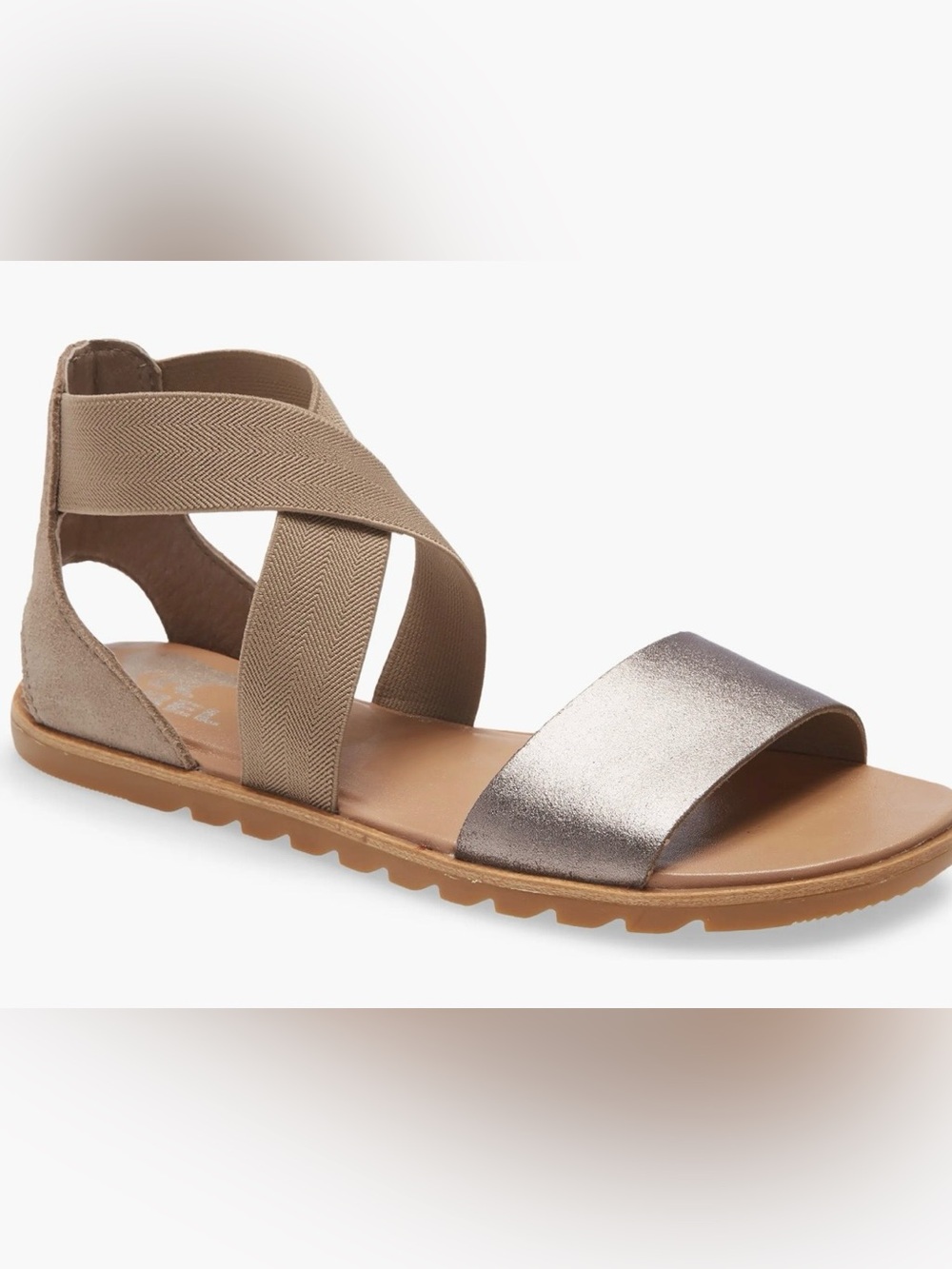 Sorel Metallic Taupe and Tan Crisscross Elastic Sandal Ella II Sandal 10.5